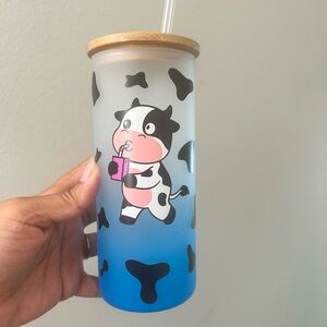 Cow Print Blue Ombre Glass Tumbler with Straw